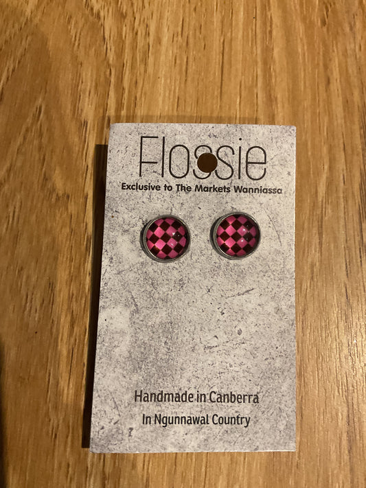 *Earrings Pink & Black Checked Studs