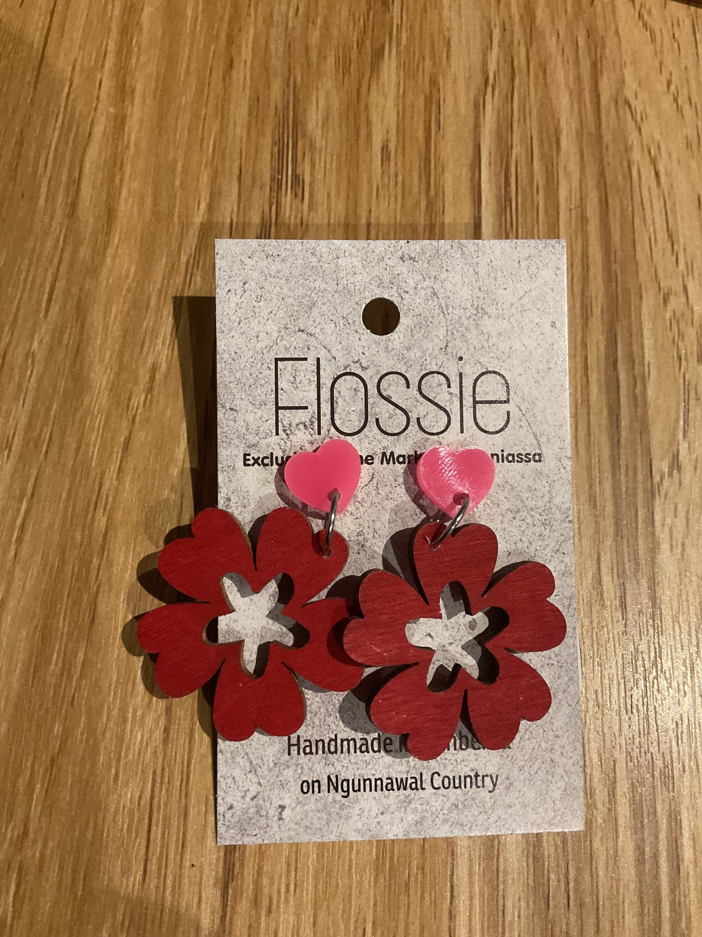 *Earrings Wooden Red Flower Dangles