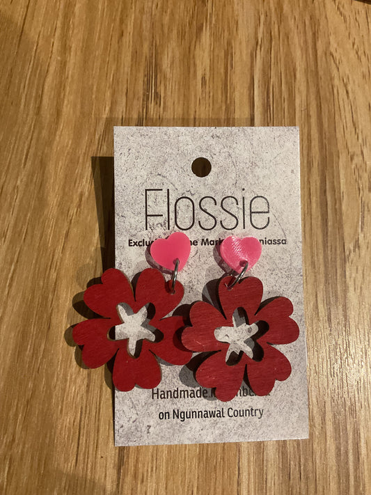 *Earrings Wooden Red Flower Dangles