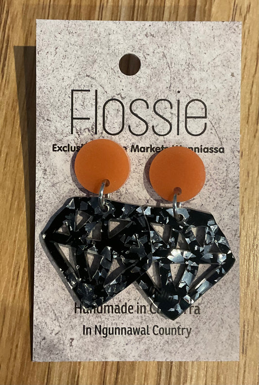 *Earrings Acrylic Black Silver Glitter Diamond Dangles