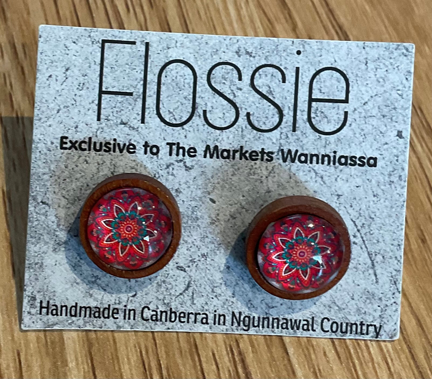 *Earrings Wooden Red Mandala Dome Studs