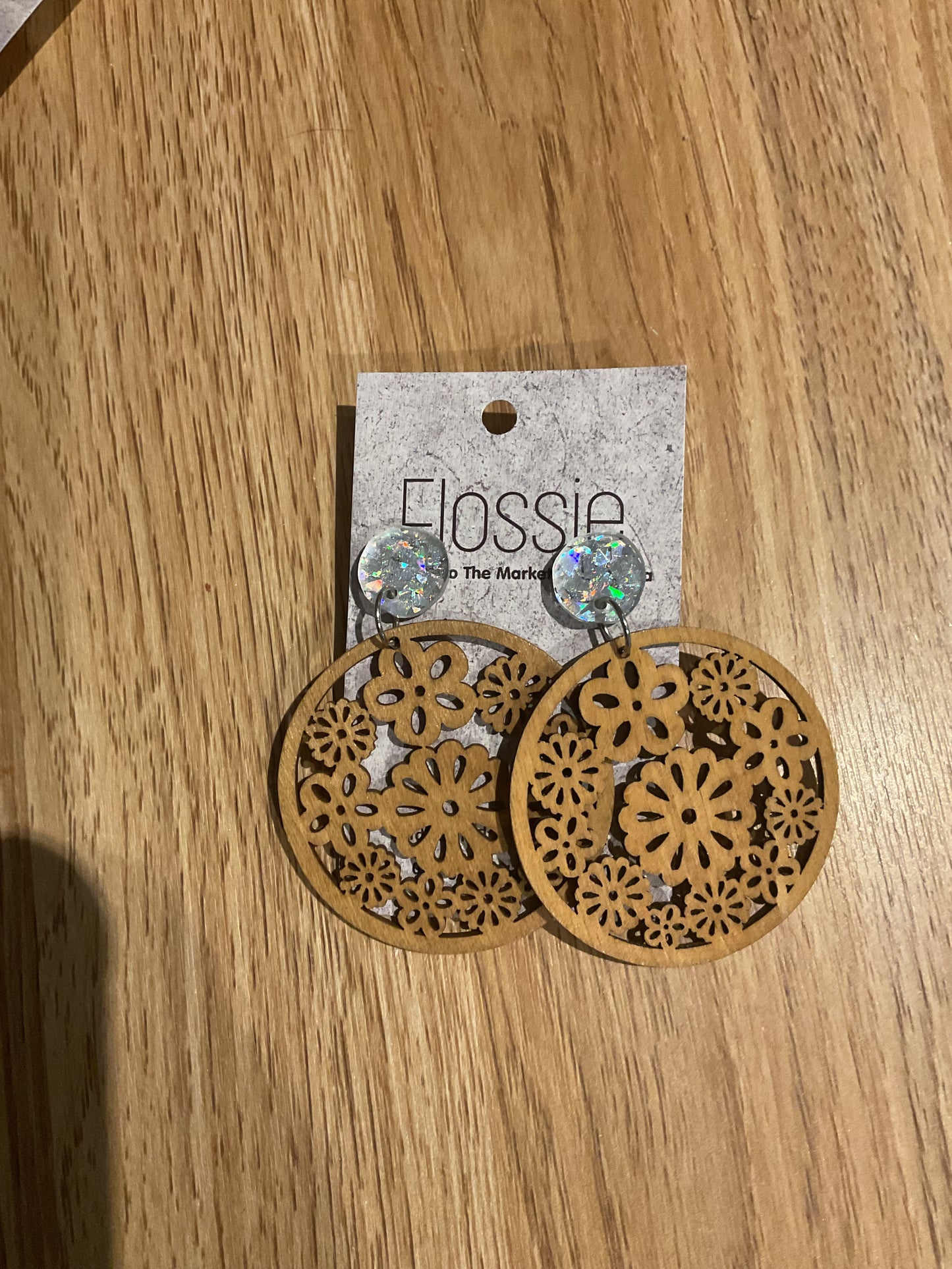 *Earrings Wooden Floral with Silver Dangles