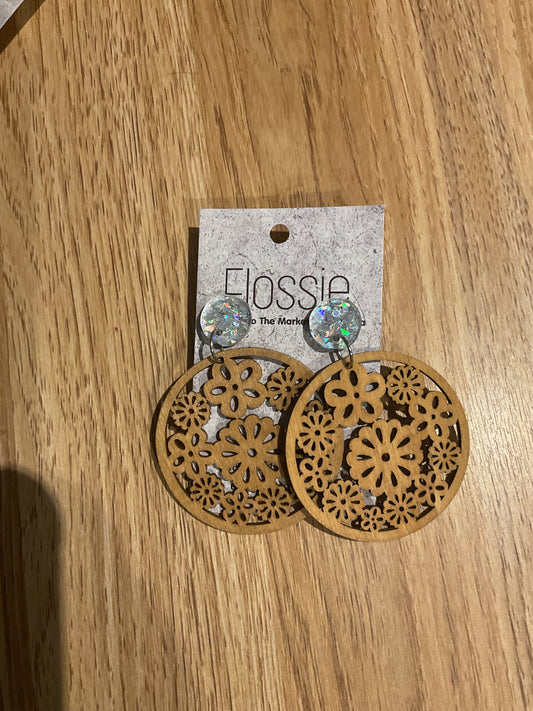 *Earrings Wooden Floral with Silver Dangles
