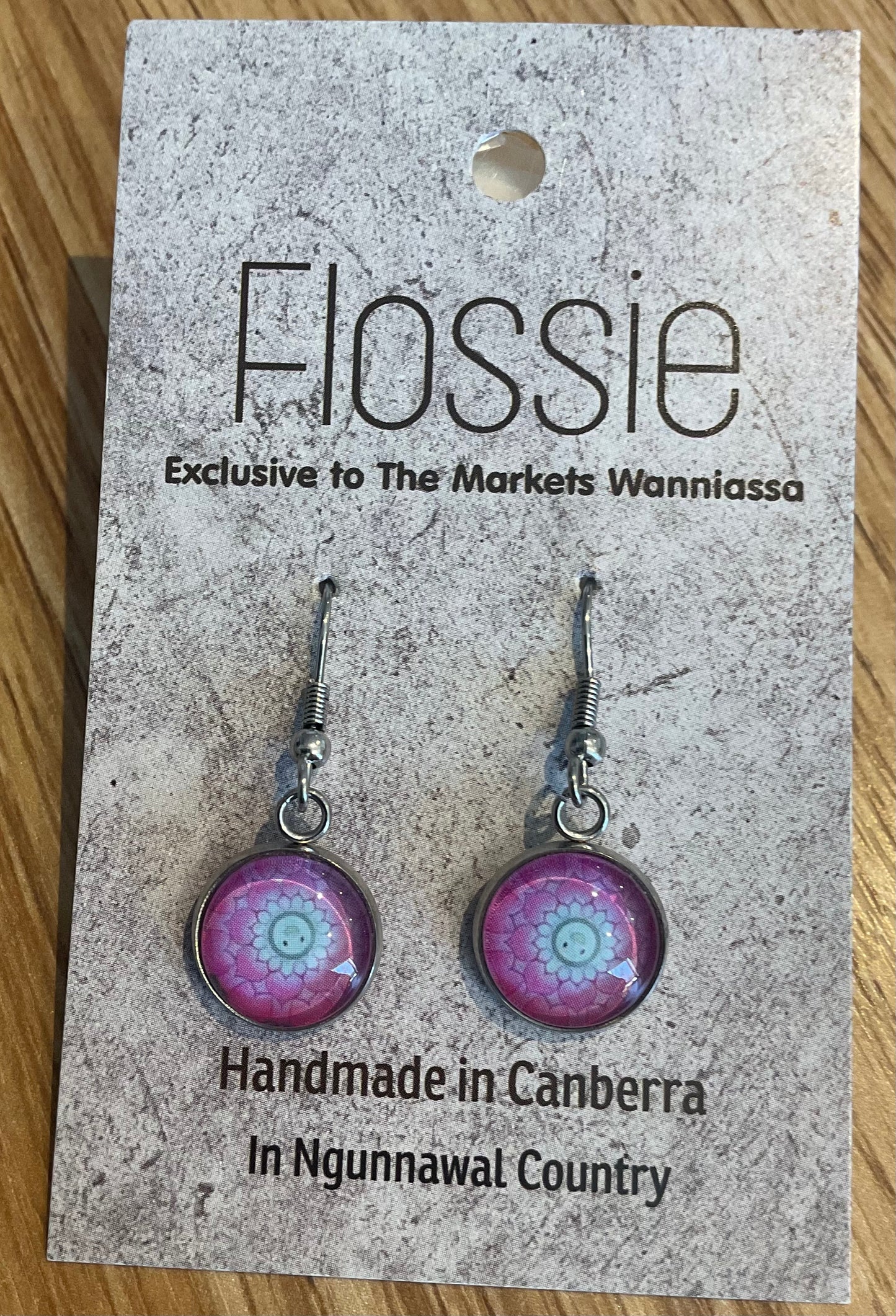*Earrings Glass Dome Dangles Purple Mandala