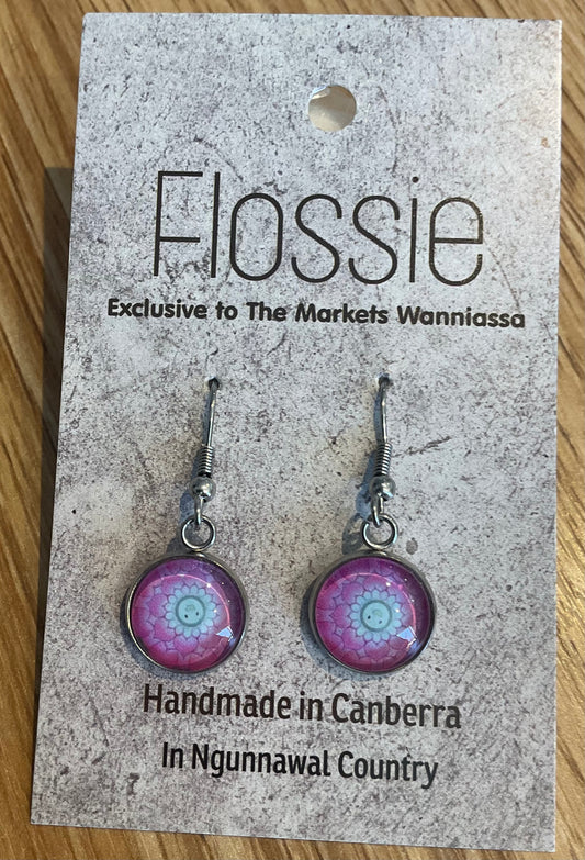 *Earrings Glass Dome Dangles Purple Mandala