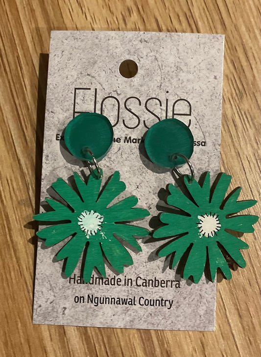 *Earrings Wooden Green Flower Dangles