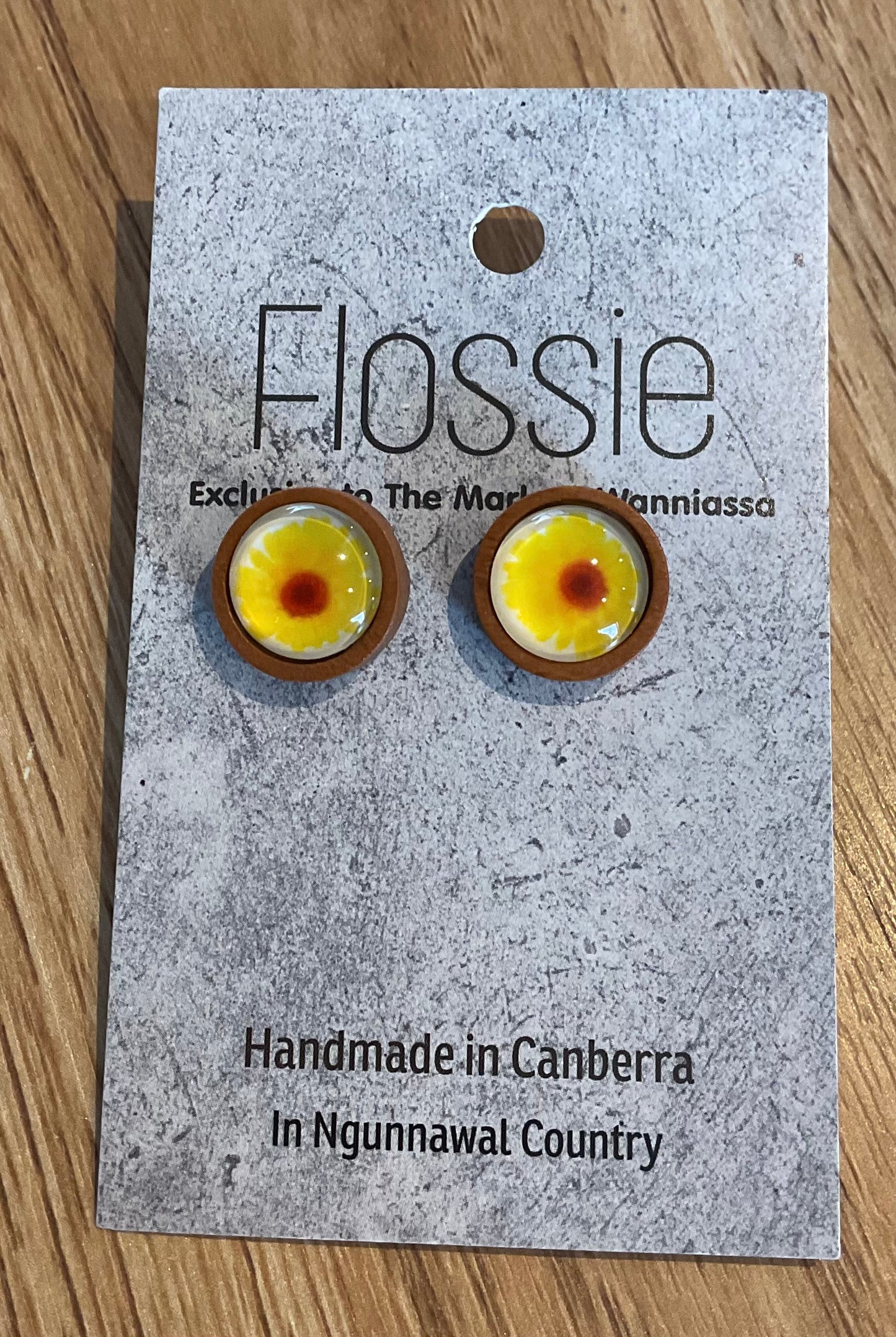 *Earrings Wooden Yellow Flower Dome Studs