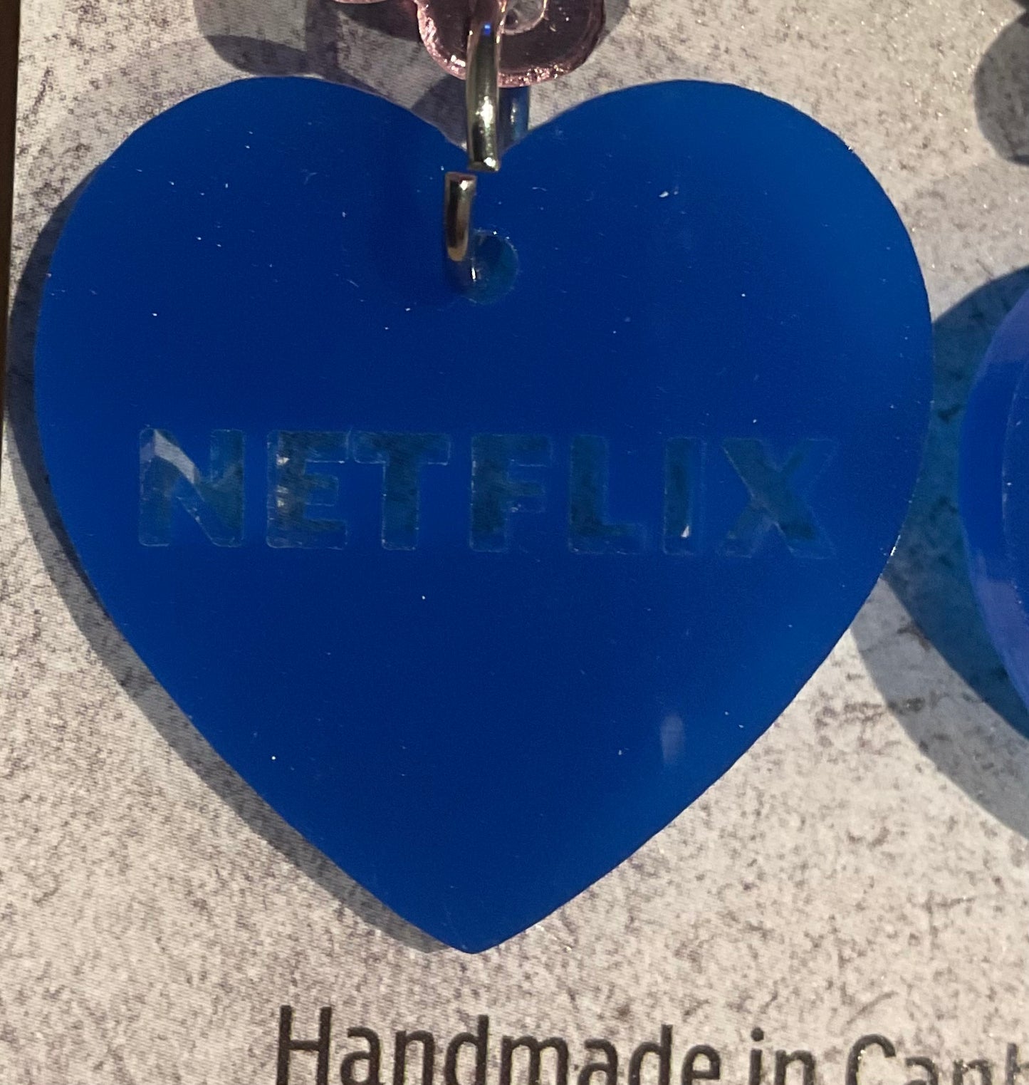 *Earrings Acrylic Blue Heart "NETFLIX" Dangles