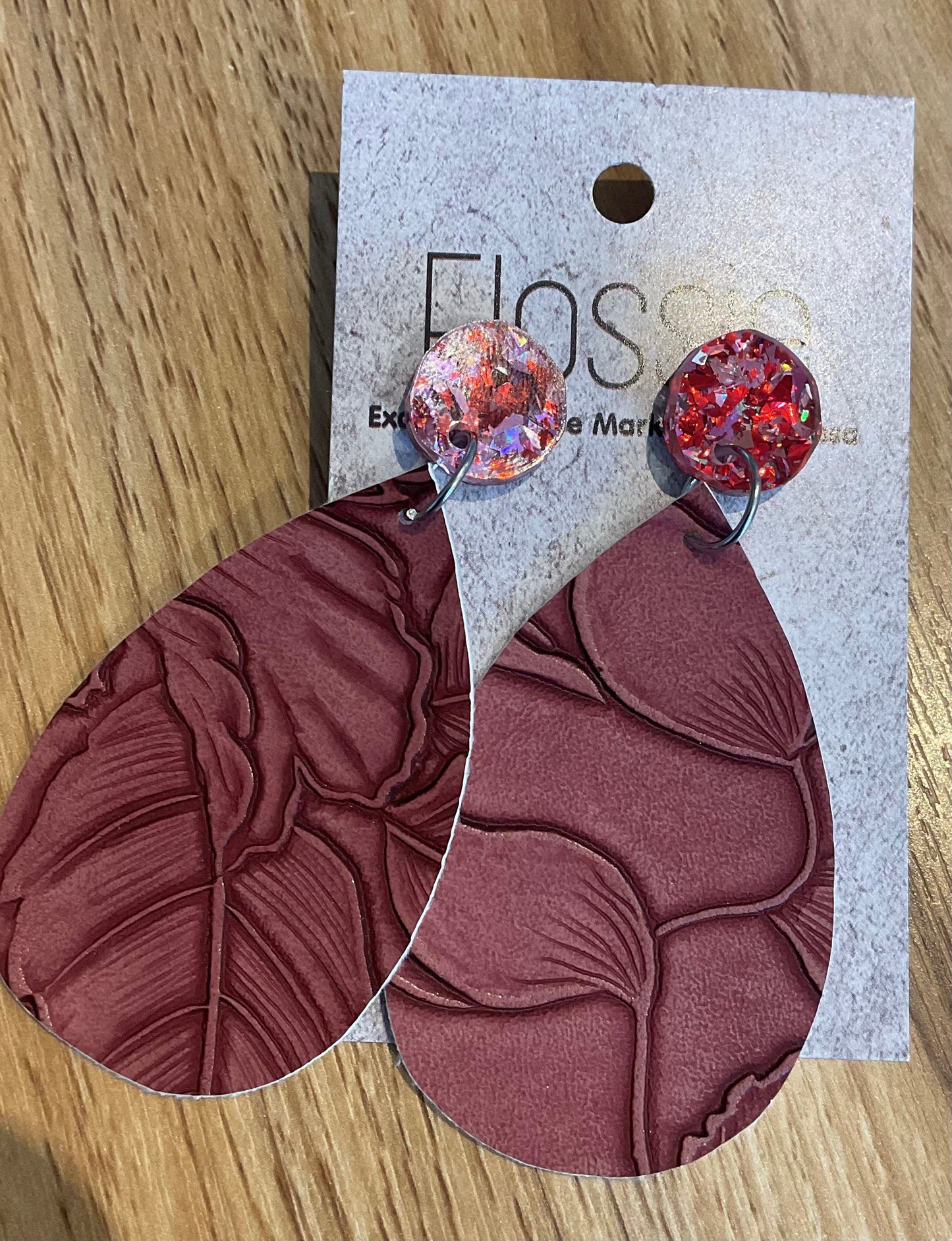*Earrings Embossed Flowers Maroon Dangles