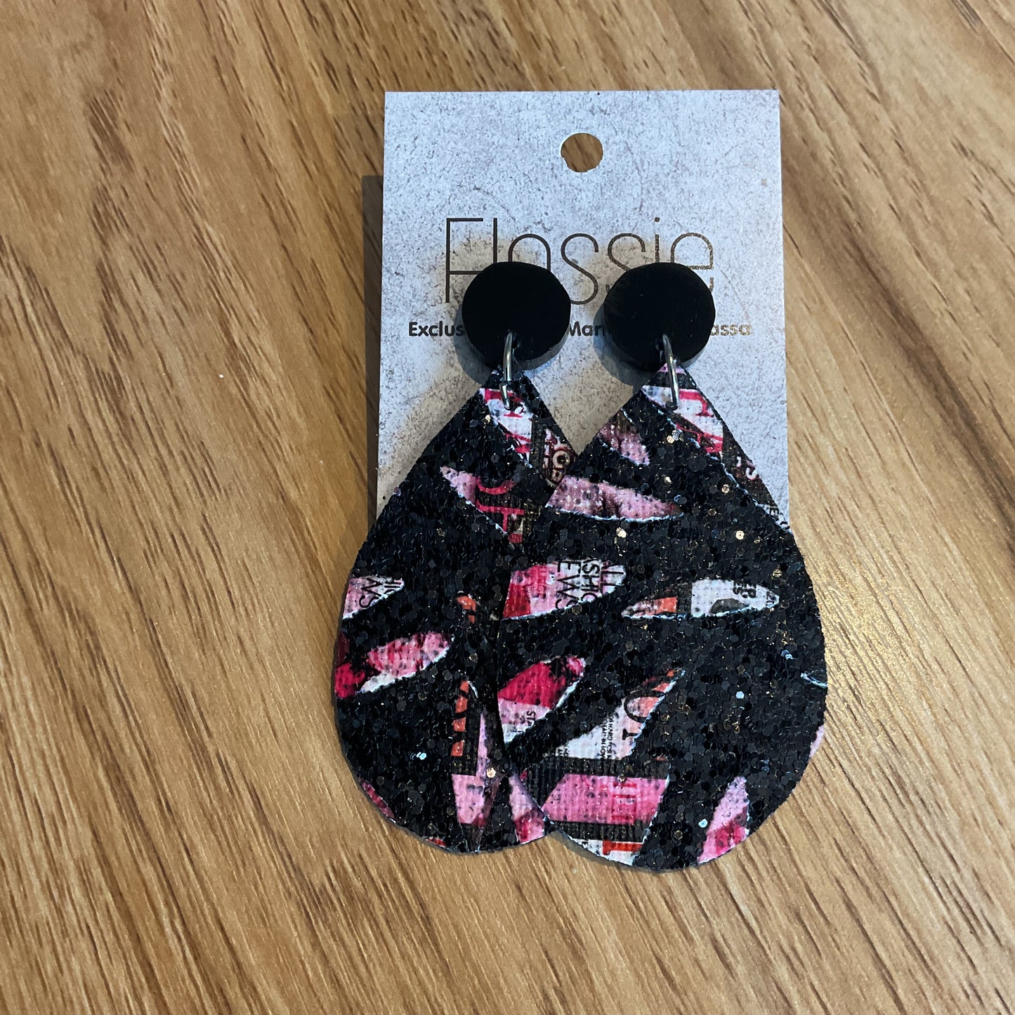 *Earrings Pink Black Glitter Dangles