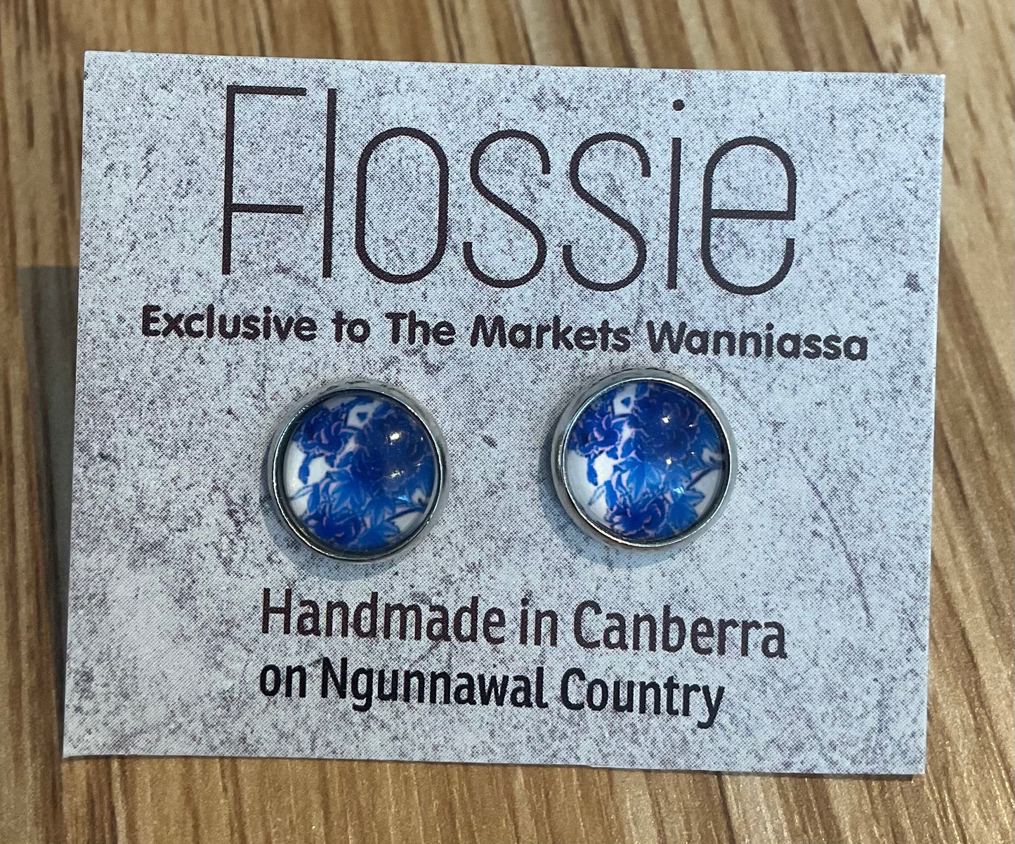 *Earrings Blue Floral Print Glass Dome Studs