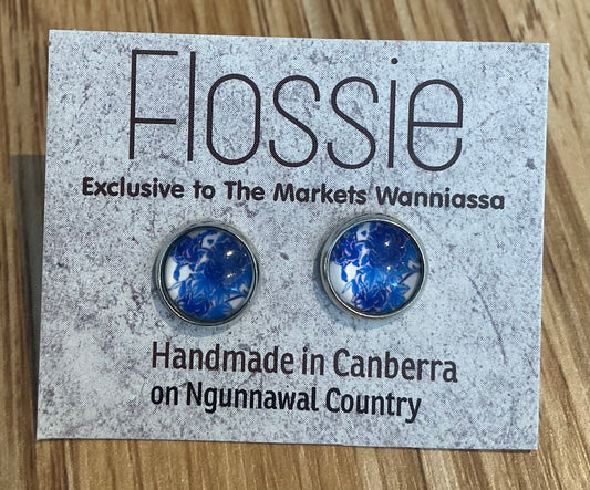 *Earrings Blue Floral Print Glass Dome Studs
