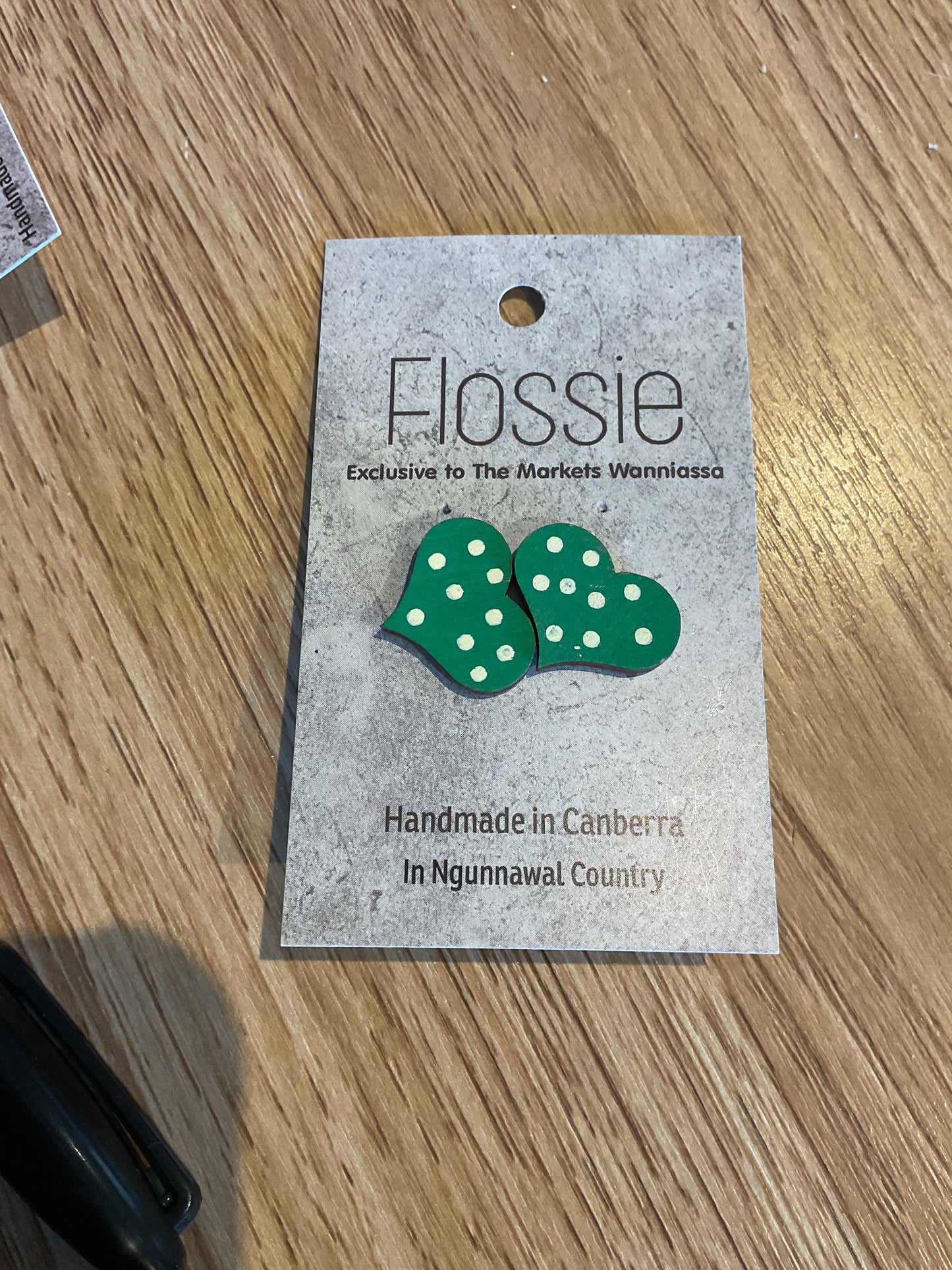 *Earrings Hand Painted Green White Spots Heart Studs