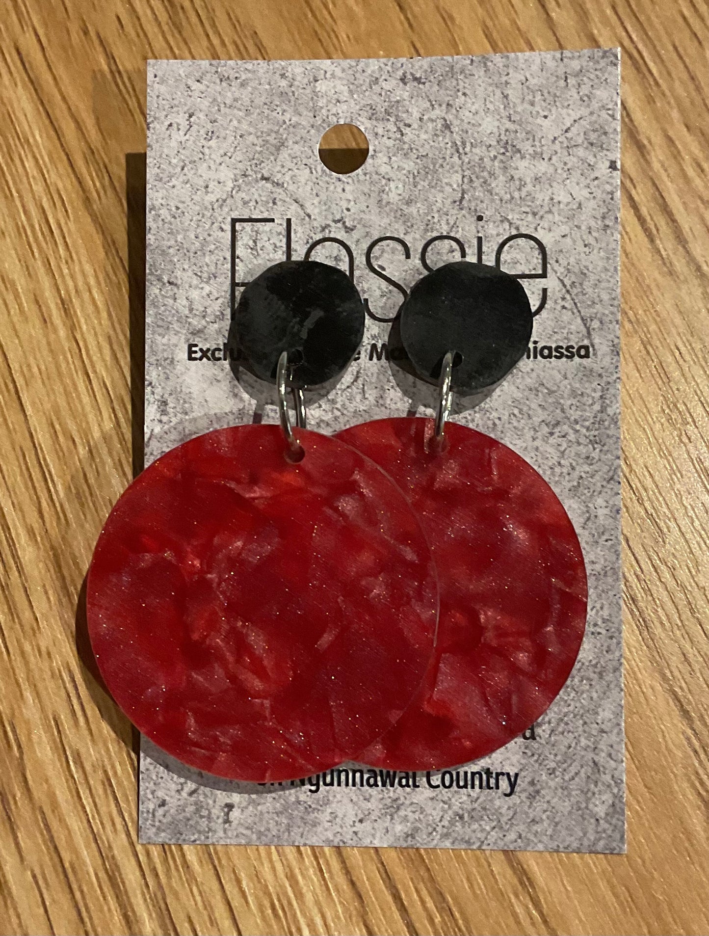 *Earrings 4cm Round Marbly Red Dangles