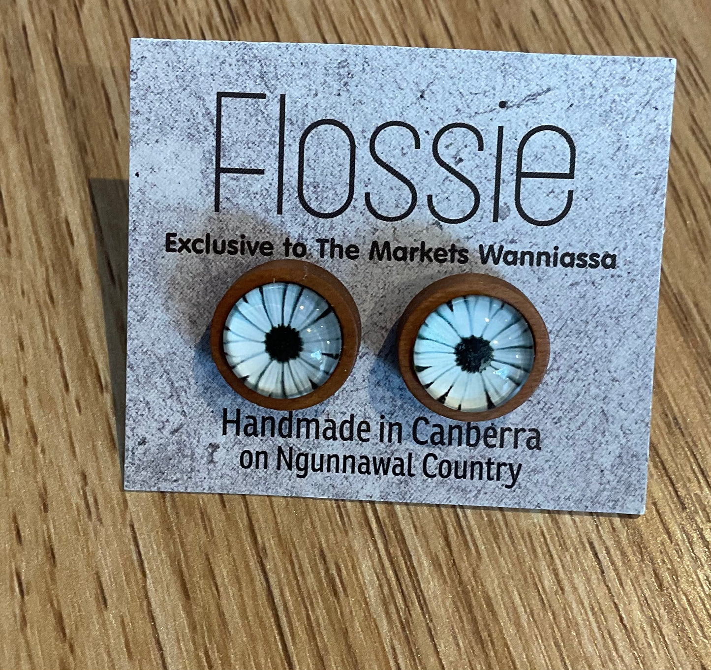*Earrings Wooden White Flower Dome Studs
