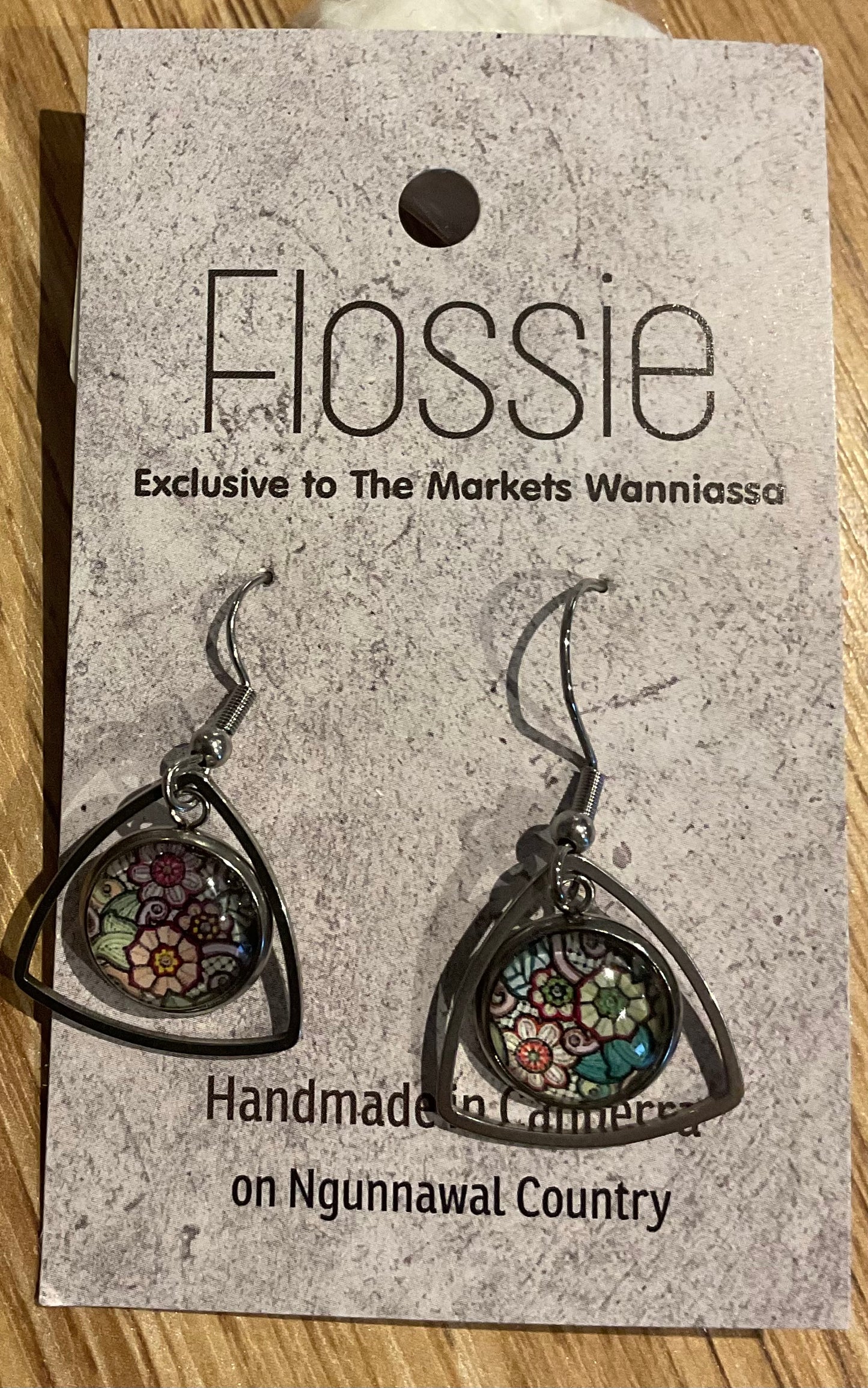 *Earrings Glass Dome Triangle Dangles Floral
