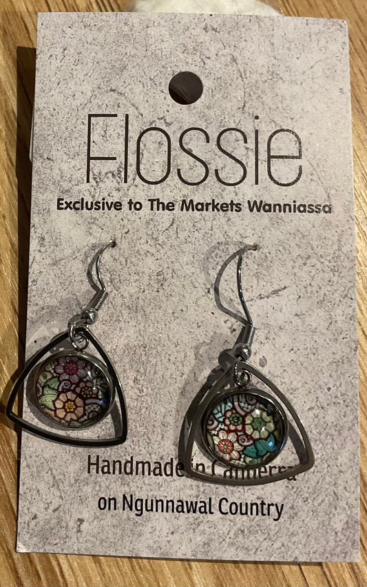 *Earrings Glass Dome Triangle Dangles Floral