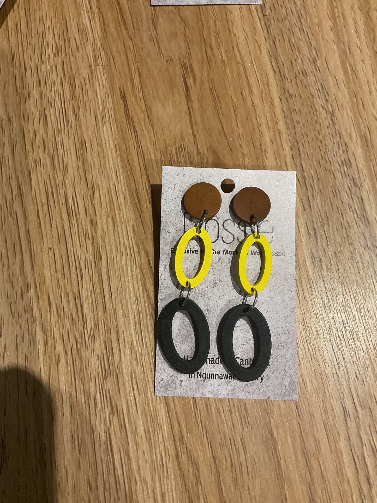 *Earrings Wooden Oval Yellow and Black Dangles