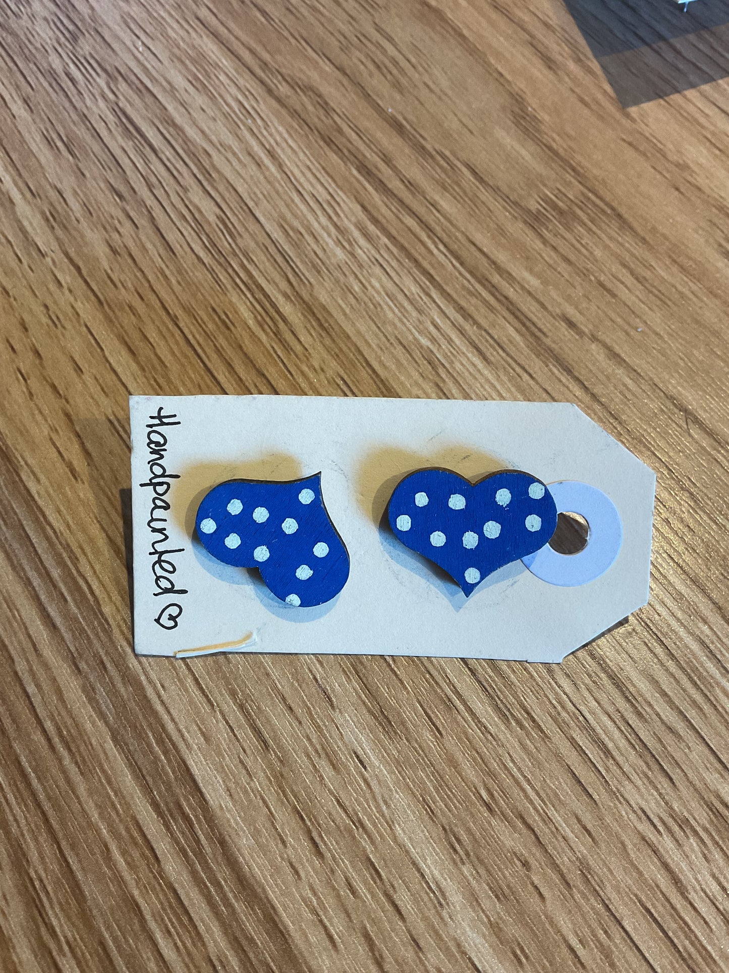 *Earrings Hand Painted Blue White Spots Heart Studs