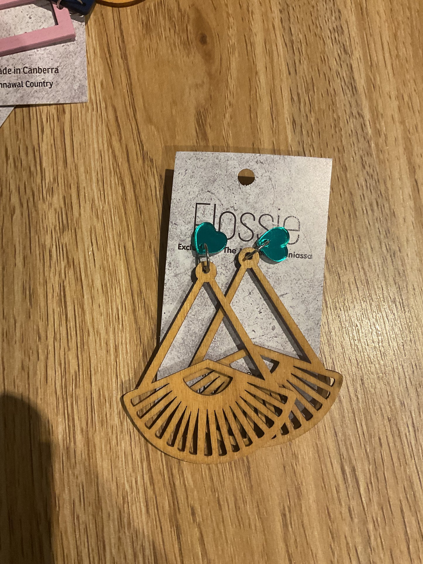 *Earrings Wooden Fan with Green Hearts Dangles
