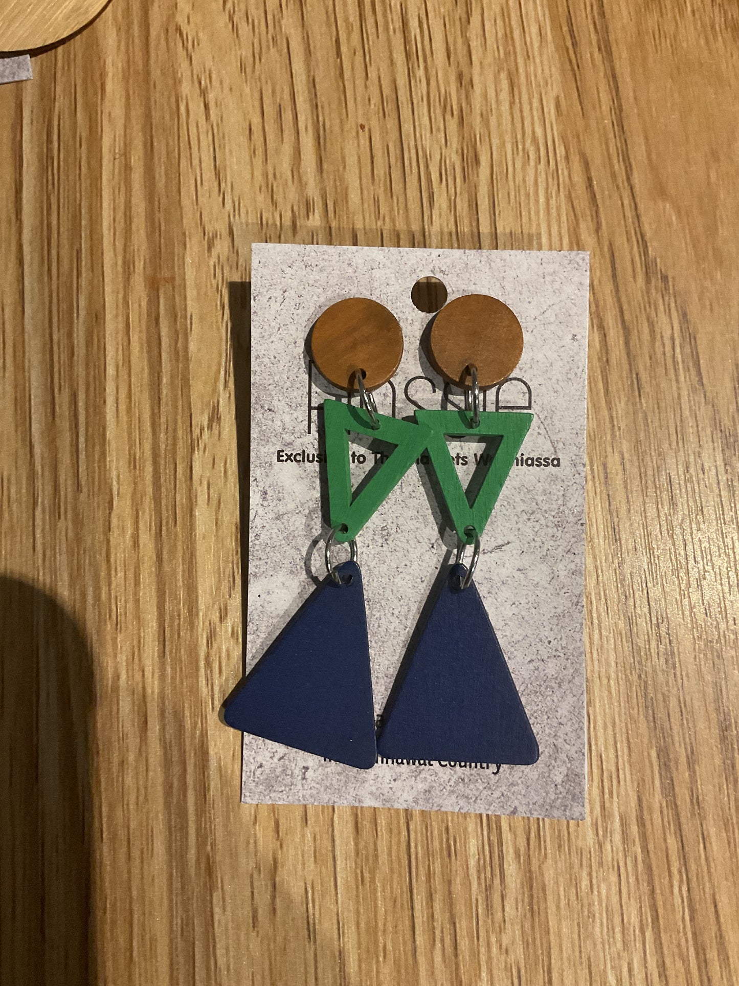 *Earrings Wooden Triangles Green and Blue Dangles