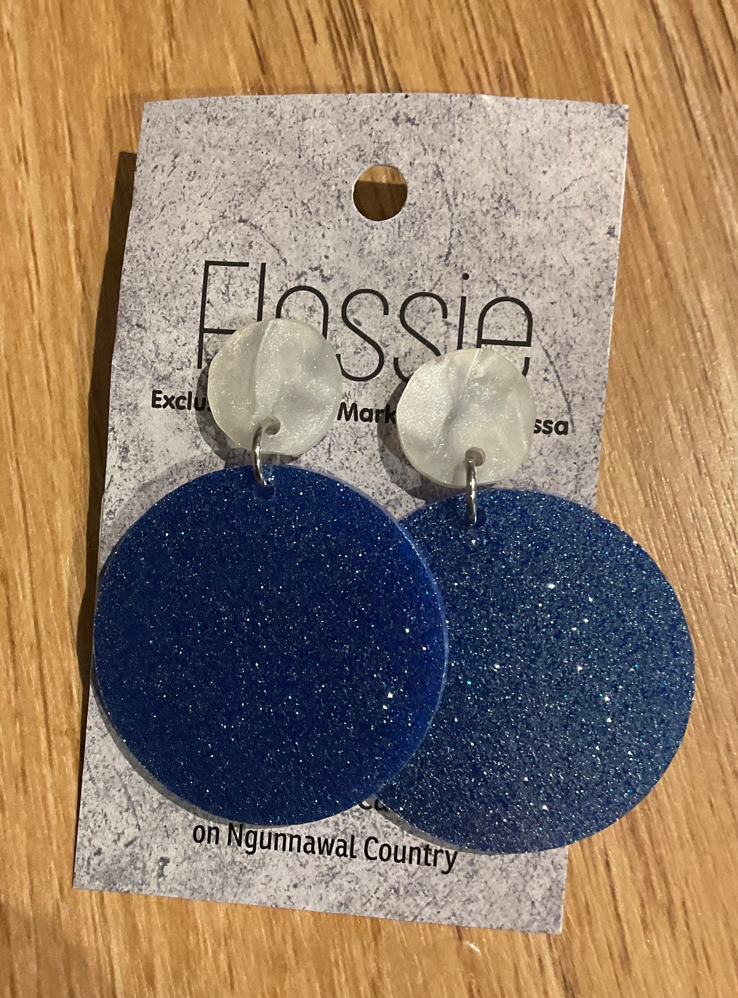 *Earrings 4cm Round Blue Glitter Dangles