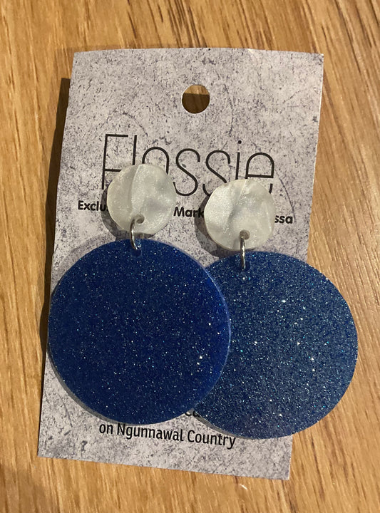 *Earrings 4cm Round Blue Glitter Dangles