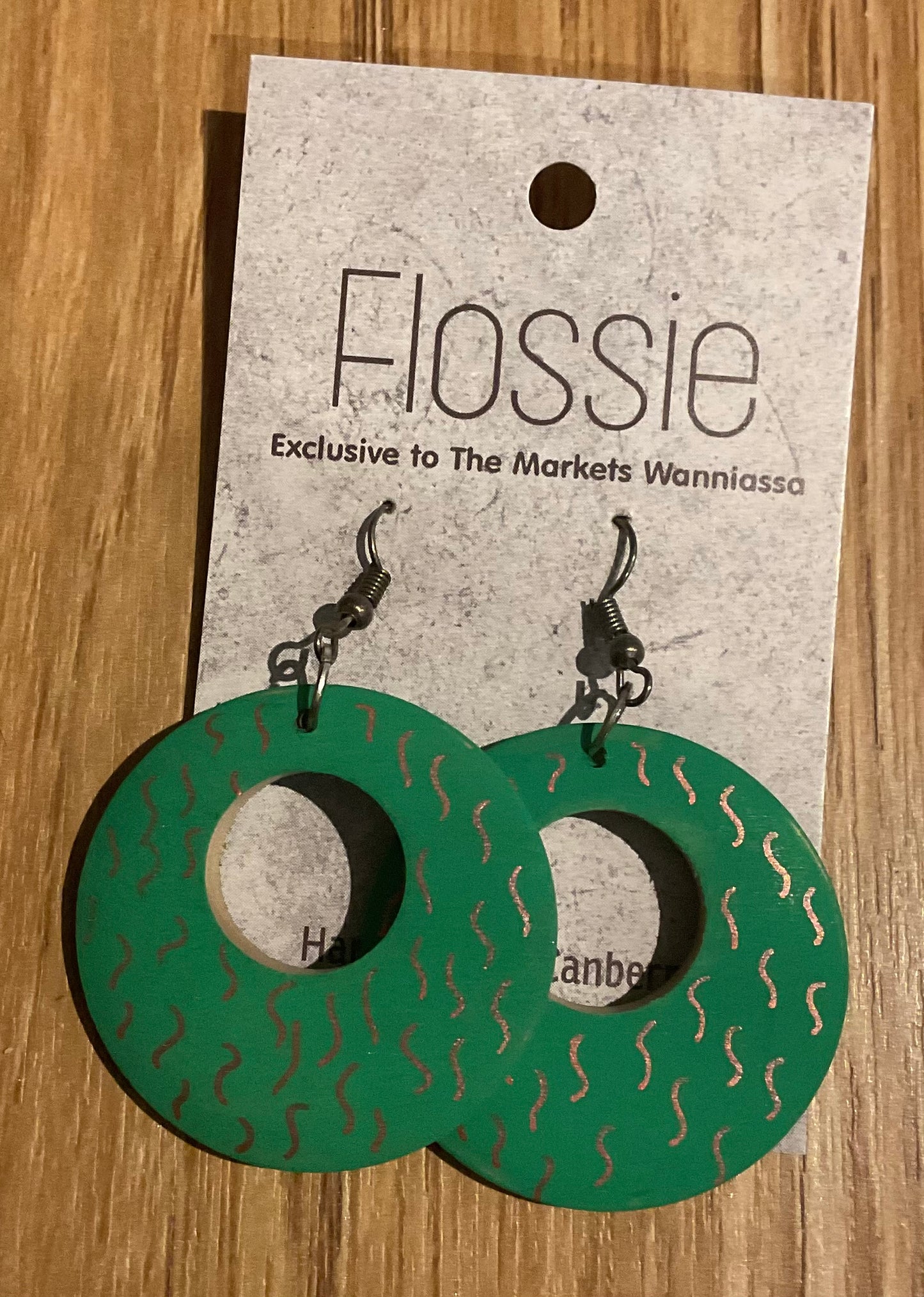 *Earrings Wooden Green Hoop Gold Detail Dangles