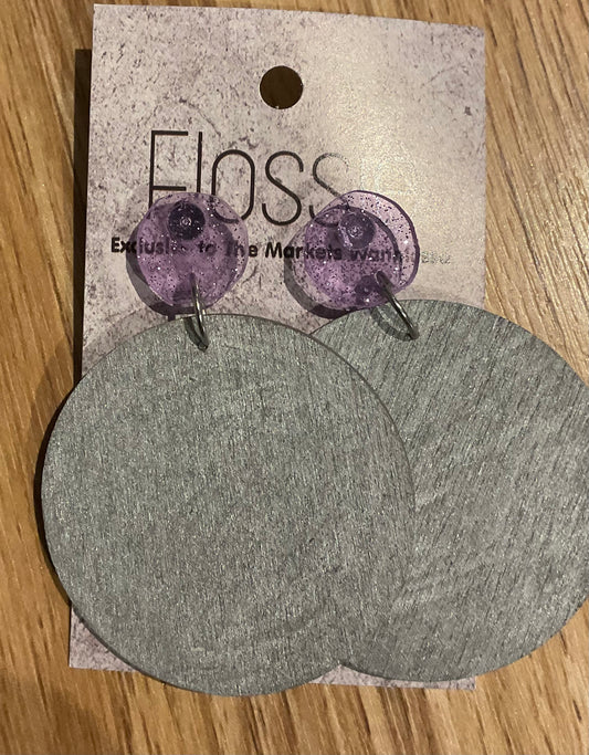 *Earrings 5cm Wooden Round Silver Dangles