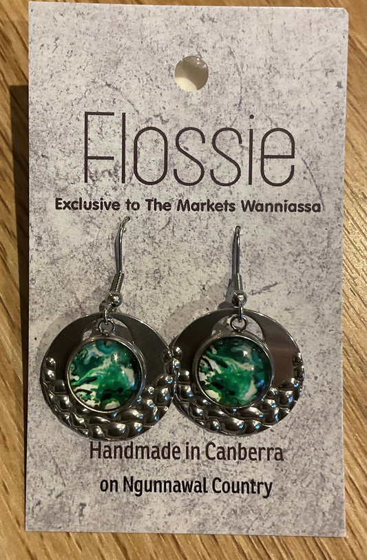 *Earrings Green Ink Print Glass Dome Silver Dangles