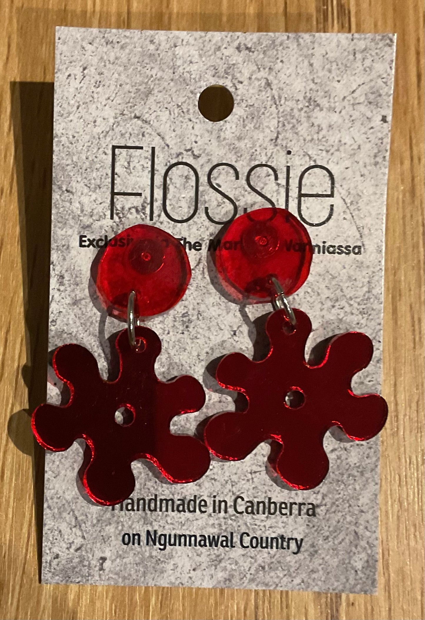 *Earrings Acrylic Red Mirror Flower Dangles