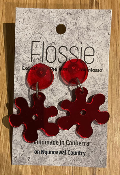 *Earrings Acrylic Red Mirror Flower Dangles