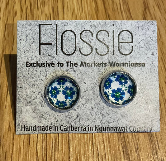 *Earrings Blue Flowers Glass Dome Studs