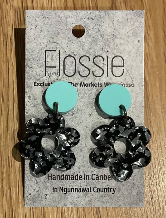 *Earrings Acrylic Black Silver Flower Dangles