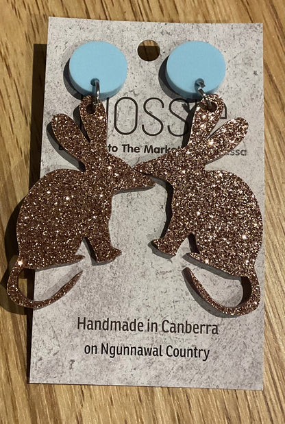 *Earrings Acrylic Brown Glitter Bilby Dangles