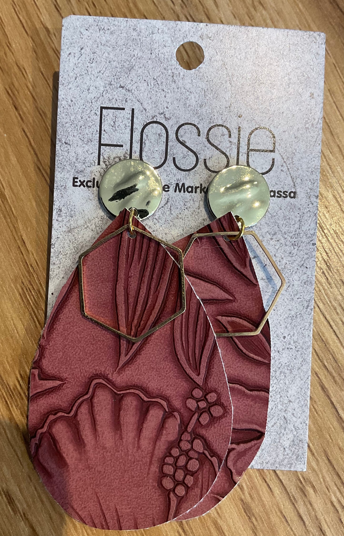 *Earrings Embossed Flowers Maroon Dangles