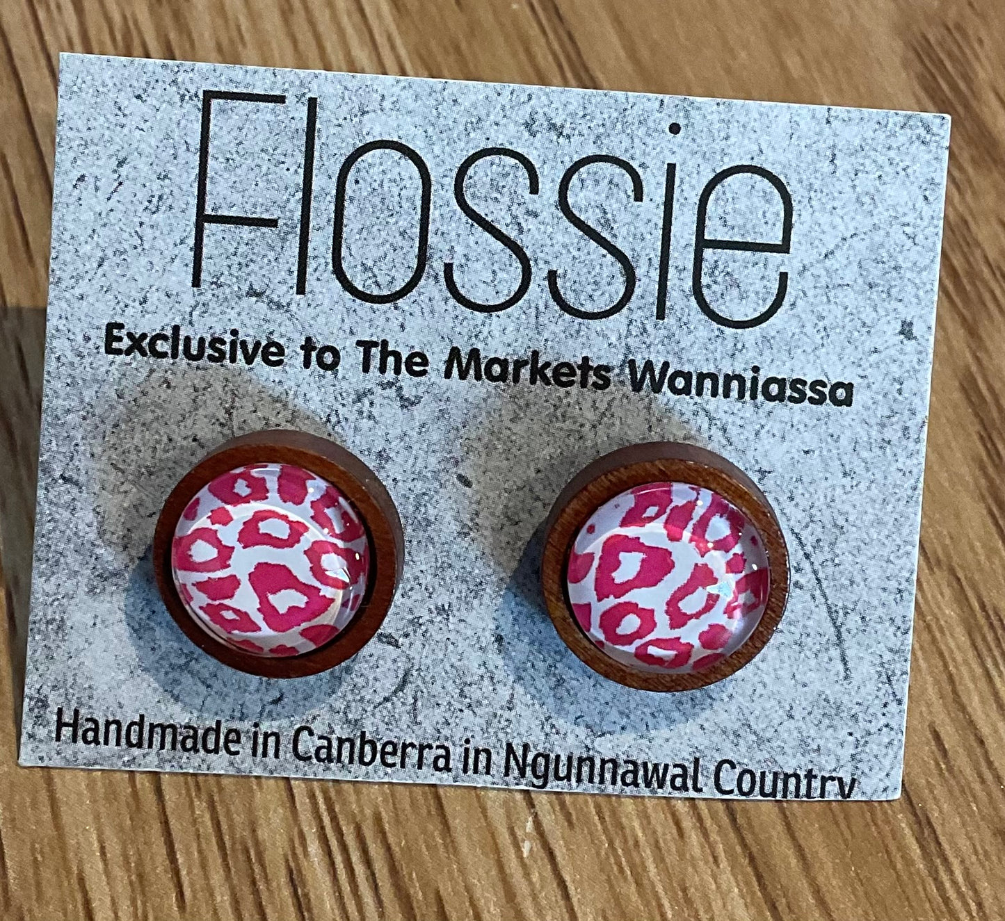 *Earrings Wooden Pink Animal Print Dome Studs