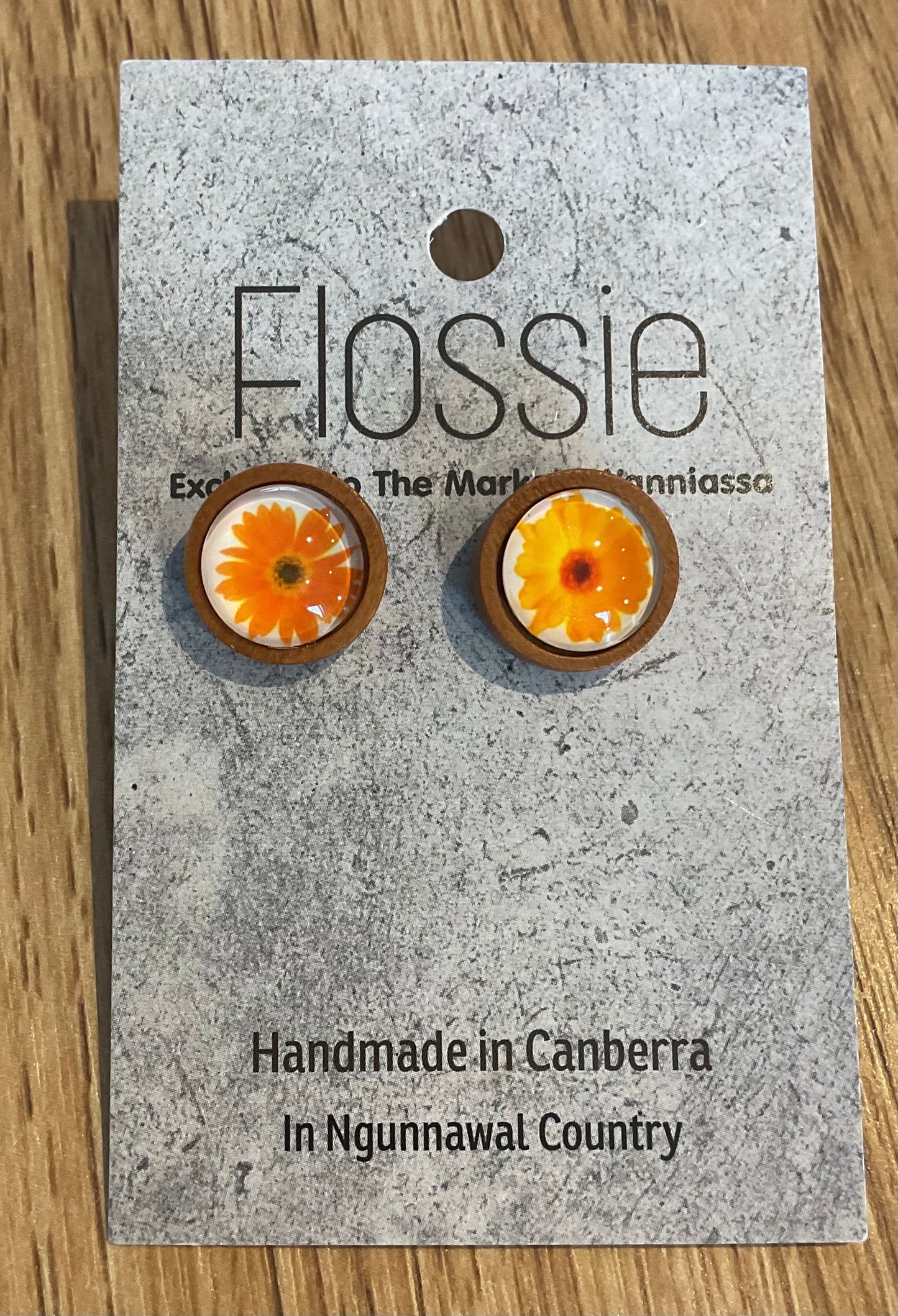 *Earrings Wooden Orange Flowers Dome Studs