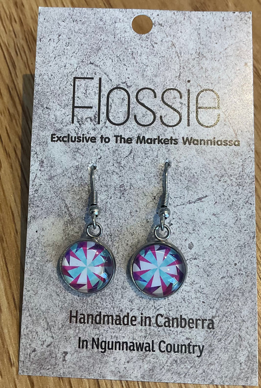 *Earrings Glass Dome Dangles Blue Mandala