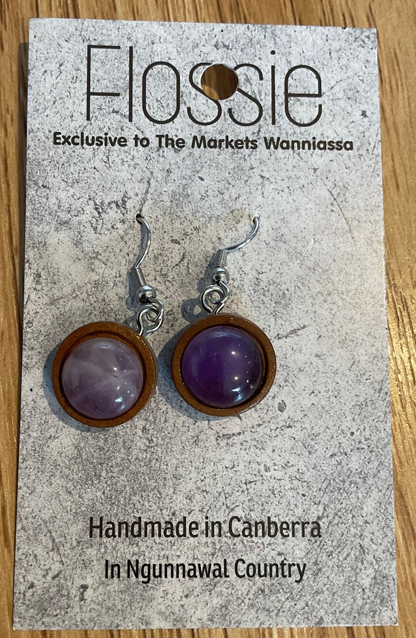 *Earrings Wooden Purple Dome Stone Dangles