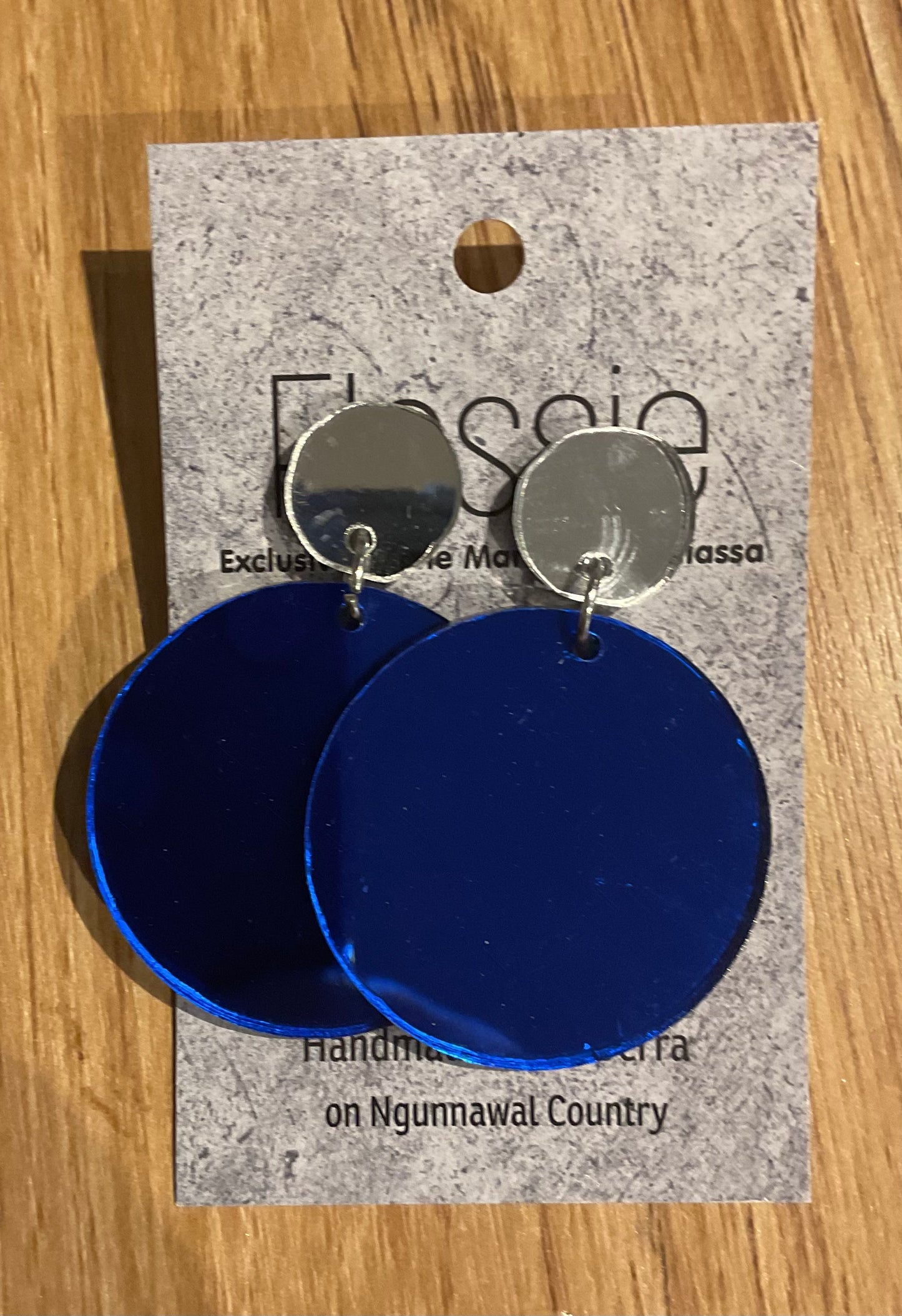 *Earrings 4cm Round Blue Mirror Dangles