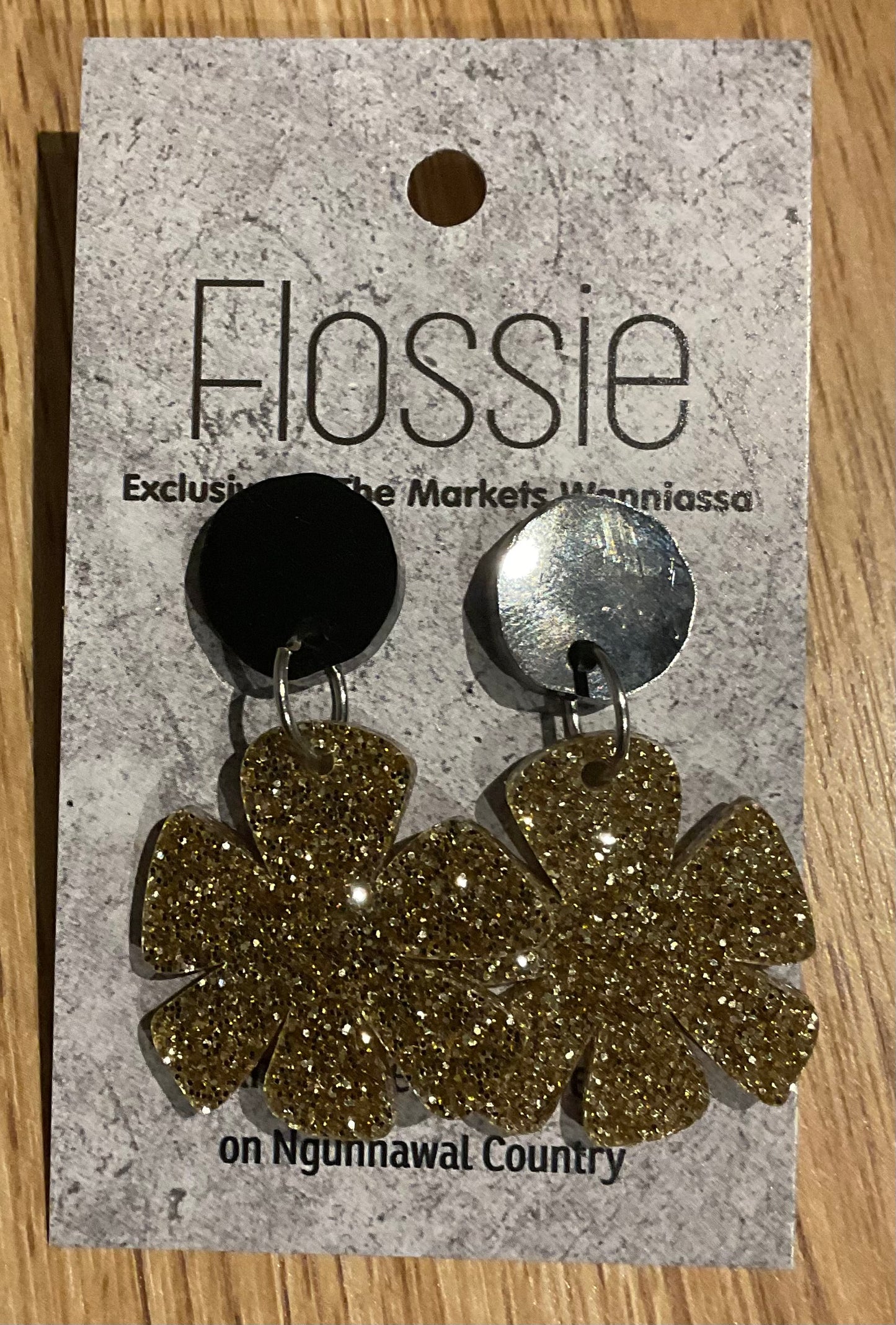 *Earrings Acrylic Glitter Gold Flower Dangles