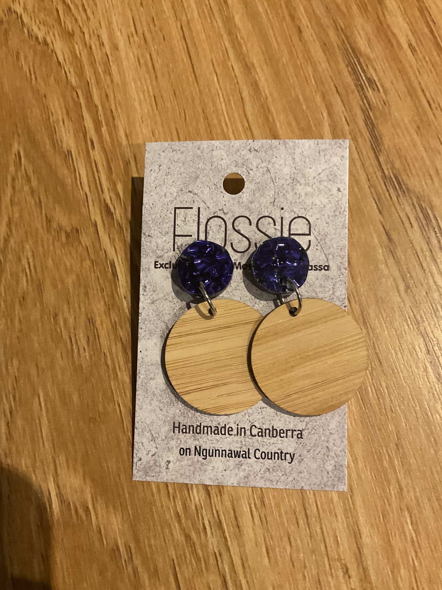 Earrings Wooden Circle with Purple Glitter Dangles
