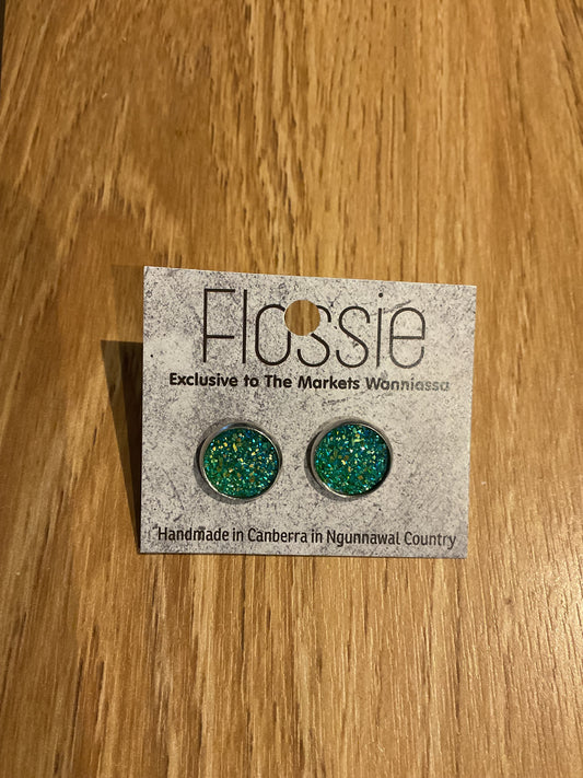 *Earrings Glass Dome Studs Glitter Green