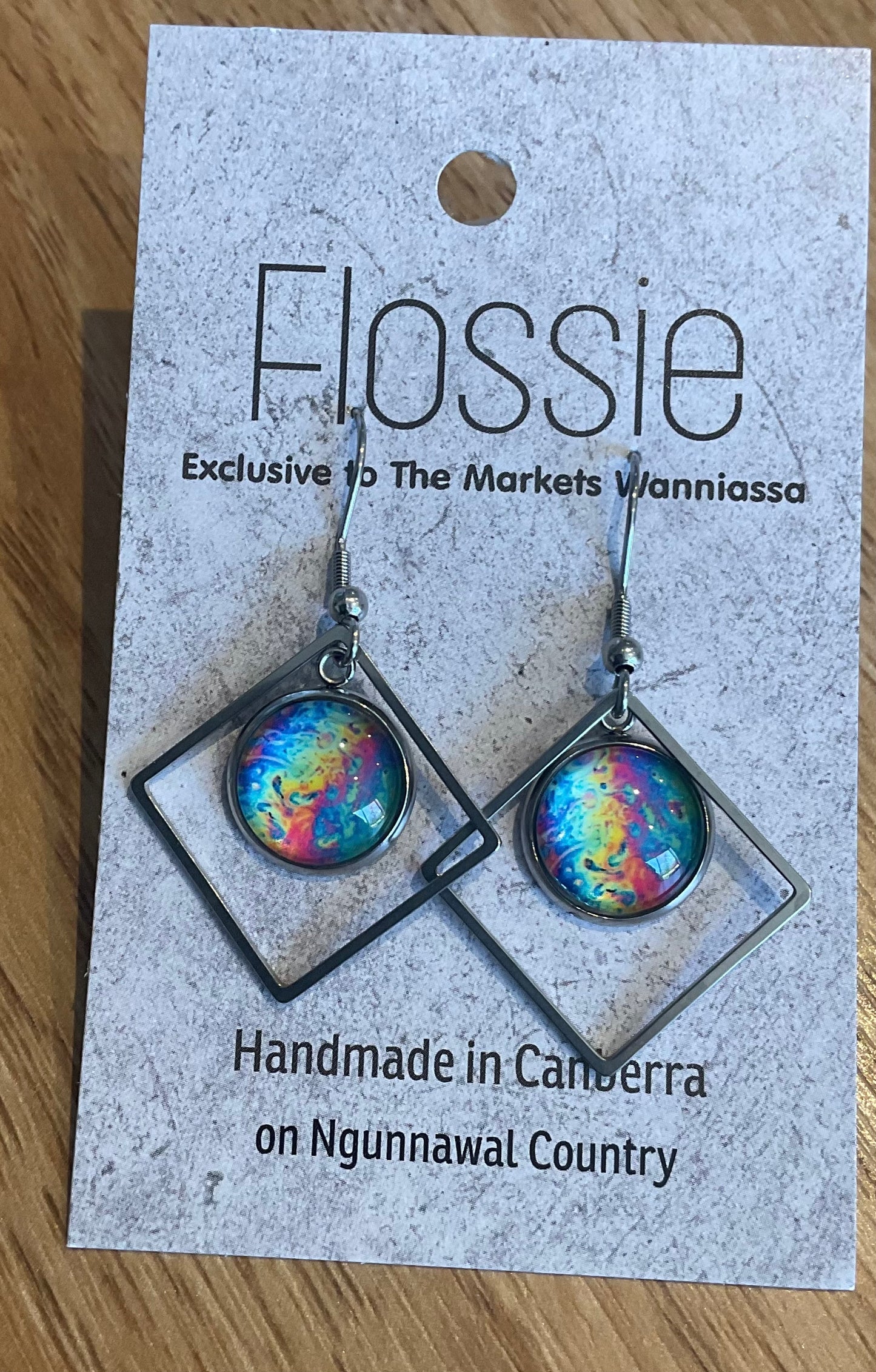 *Earrings Glass Dome Diamond Dangles Rainbow