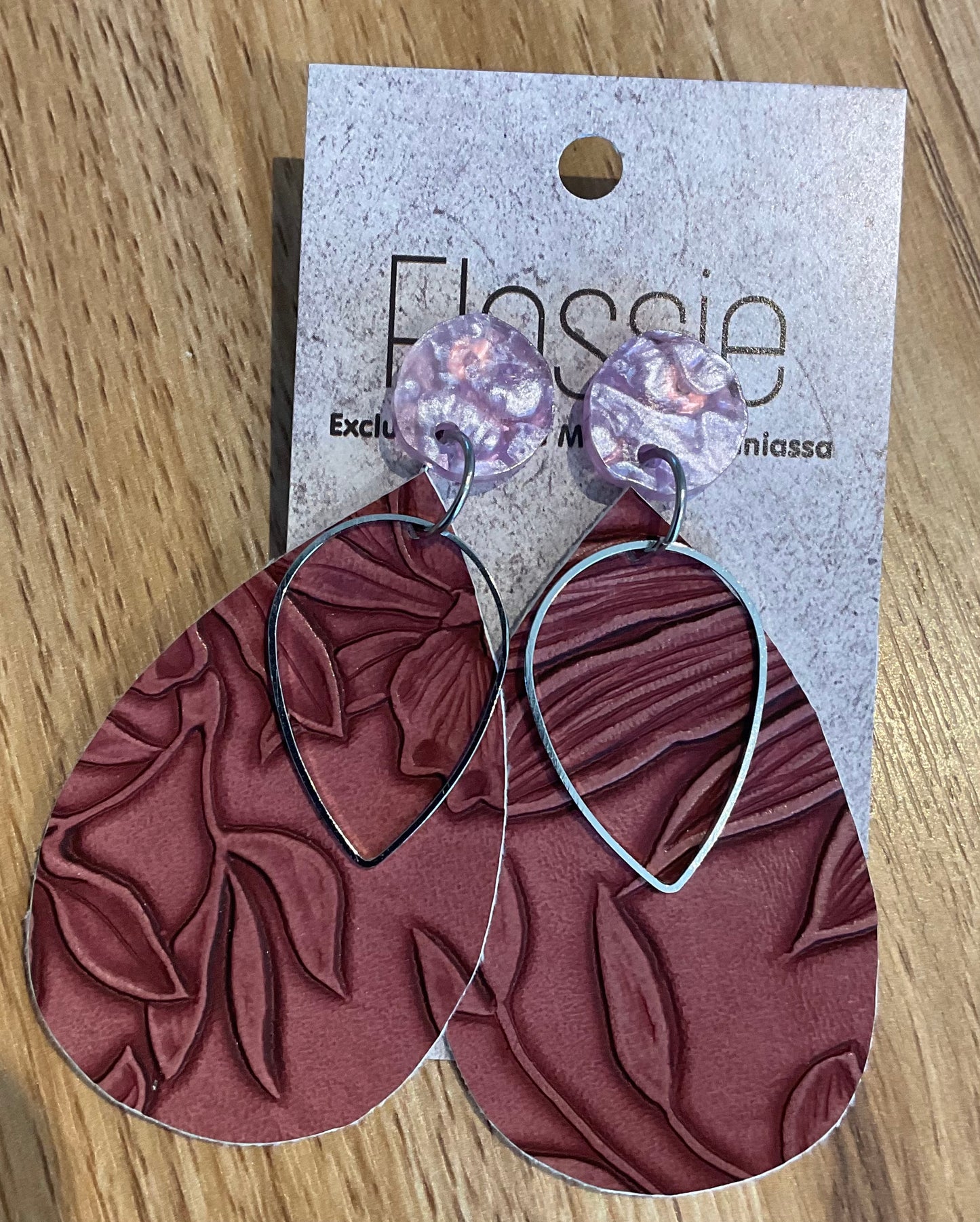 *Earrings Embossed Flowers Maroon Dangles