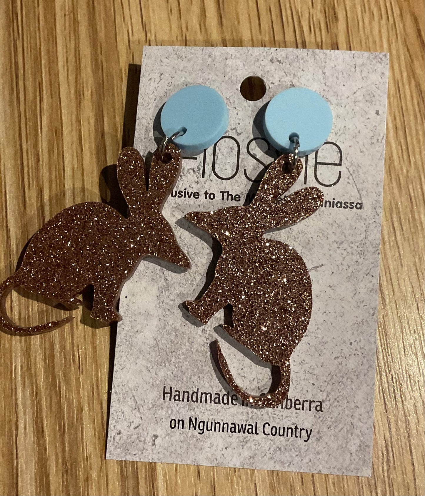 *Earrings Acrylic Brown Glitter Bilby Dangles