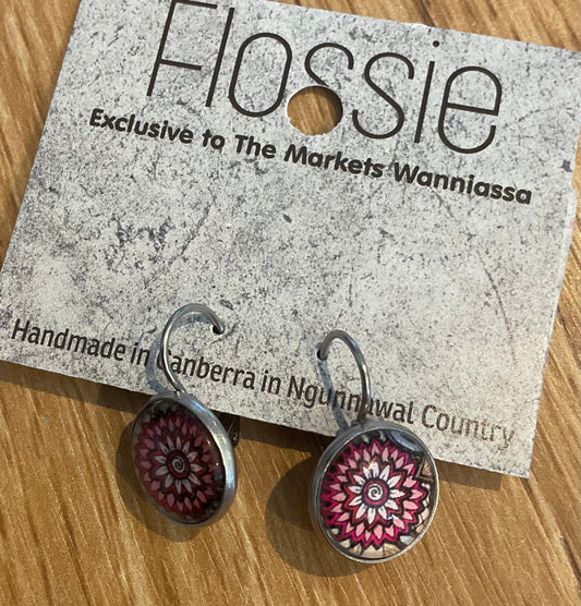 *Earrings Glass Dome Dangles Pink Mandala