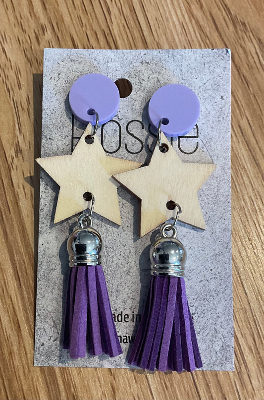 *Earrings Wooden Star and Tassel Dangles Purple