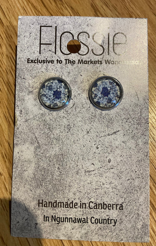 *Earrings Blue Floral Glass Dome Studs